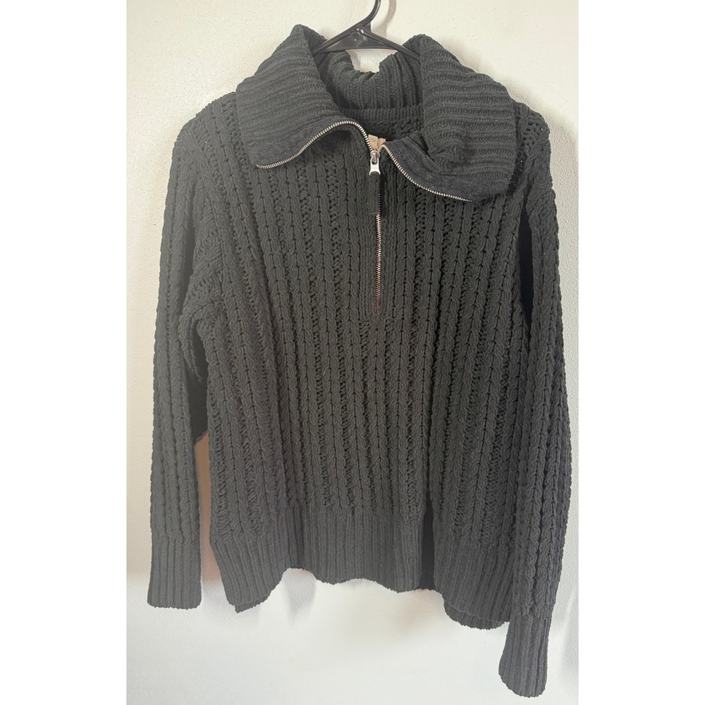 Aerie Womens Sweater Size S Black Chenille Cable Knit 1/4 Zip Cozy Fall Casual